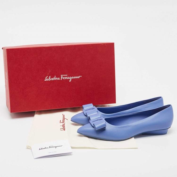 Pre Owned Salvatore Ferragamo Blue Leather Viva Bow Flats Size 37