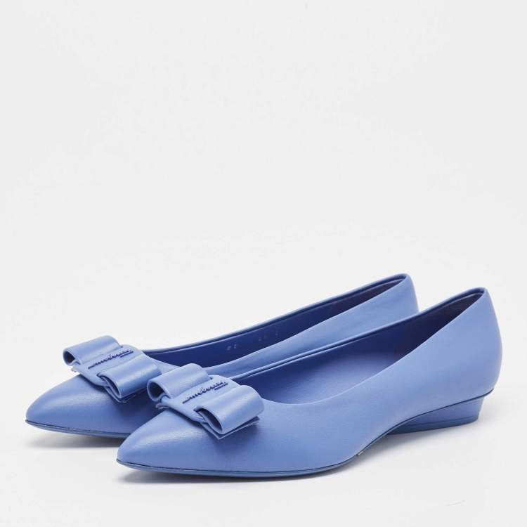 Pre Owned Salvatore Ferragamo Blue Leather Viva Bow Flats Size 37