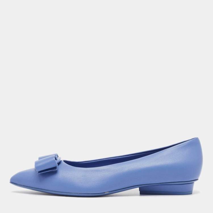 Pre Owned Salvatore Ferragamo Blue Leather Viva Bow Flats Size 37