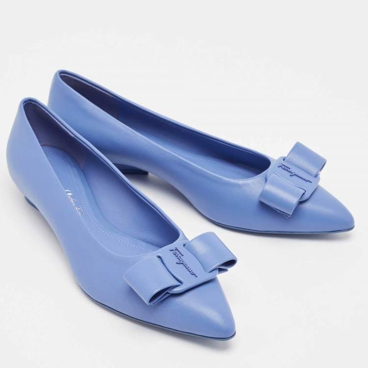 Pre Owned Salvatore Ferragamo Blue Leather Viva Bow Flats Size 37