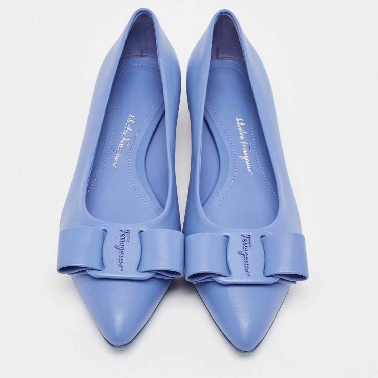 Pre Owned Salvatore Ferragamo Blue Leather Viva Bow Flats Size 37