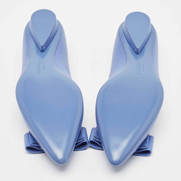 Pre Owned Salvatore Ferragamo Blue Leather Viva Bow Flats Size 37