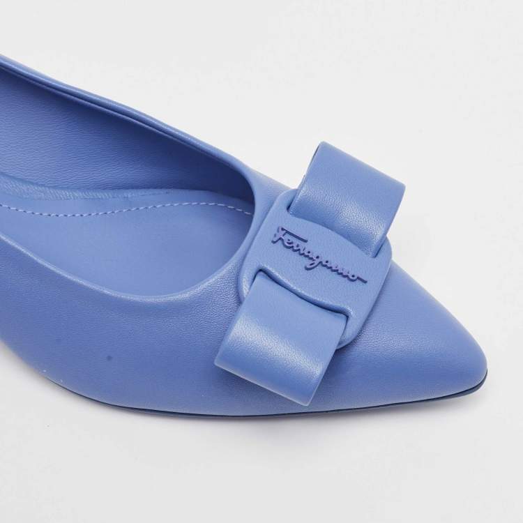 Pre Owned Salvatore Ferragamo Blue Leather Viva Bow Flats Size 37