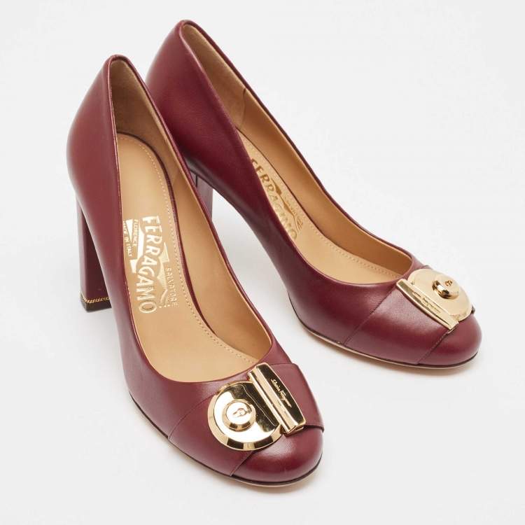 Pre Owned Salvatore Ferragamo Burgundy Leather Fiamma Pumps Size 38.5