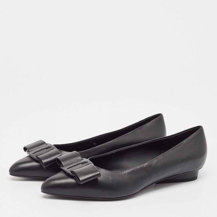 Pre Owned Salvatore Ferragamo Black Leather Viva Bow Ballet Flats Size 37.5