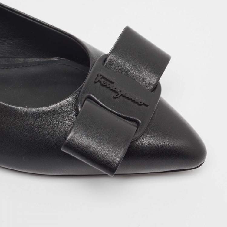 Pre Owned Salvatore Ferragamo Black Leather Viva Bow Ballet Flats Size 37.5