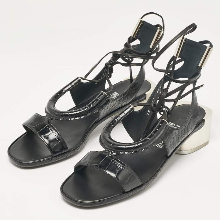 Pre Owned Salvatore Ferragamo Black Croc Embossed Leather Glorja Ankle Strap Sandals Size 39