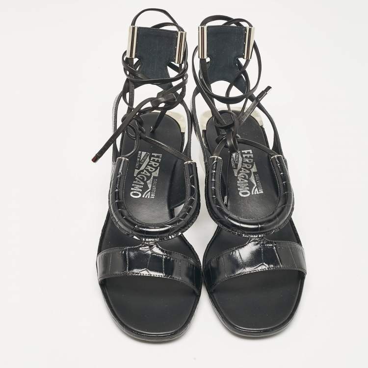 Pre Owned Salvatore Ferragamo Black Croc Embossed Leather Glorja Ankle Strap Sandals Size 39