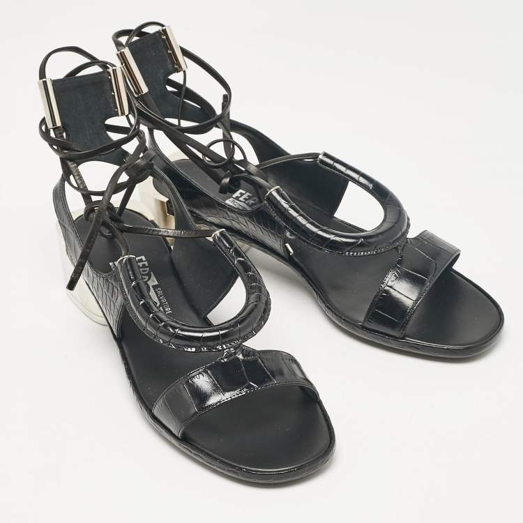 Pre Owned Salvatore Ferragamo Black Croc Embossed Leather Glorja Ankle Strap Sandals Size 39