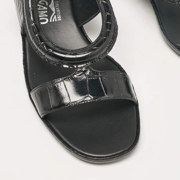 Pre Owned Salvatore Ferragamo Black Croc Embossed Leather Glorja Ankle Strap Sandals Size 39
