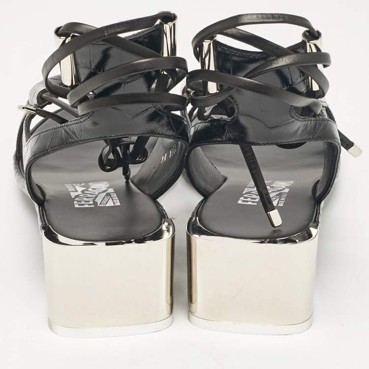 Pre Owned Salvatore Ferragamo Black Croc Embossed Leather Glorja Ankle Strap Sandals Size 39