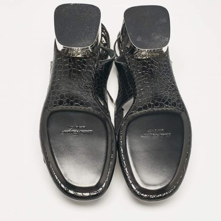 Pre Owned Salvatore Ferragamo Black Croc Embossed Leather Glorja Ankle Strap Sandals Size 39