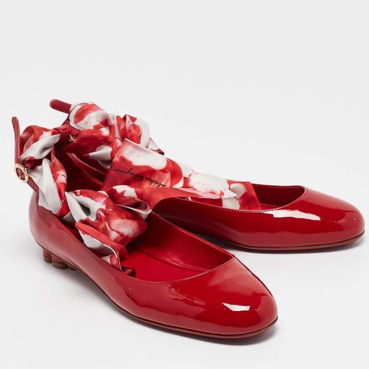 Pre Owned Salvatore Ferragamo Red Patent Leather Ballet Flats Size 37.5
