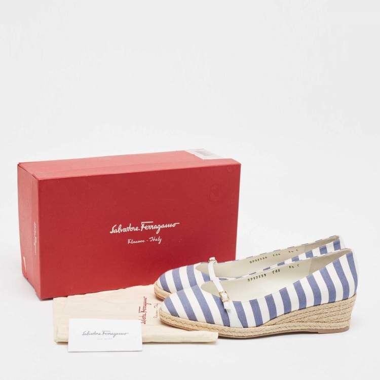 Pre Owned Salvatore Ferragamo Blue/White Striped Fabric Audrey Wedge Espadrille Pumps Size 40