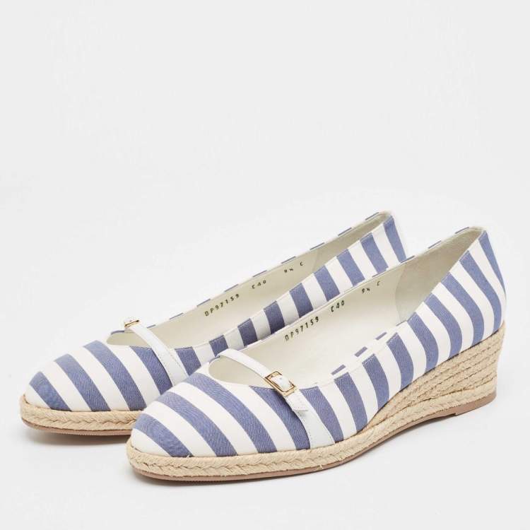 Pre Owned Salvatore Ferragamo Blue/White Striped Fabric Audrey Wedge Espadrille Pumps Size 40
