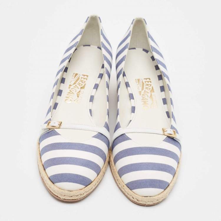 Pre Owned Salvatore Ferragamo Blue/White Striped Fabric Audrey Wedge Espadrille Pumps Size 40