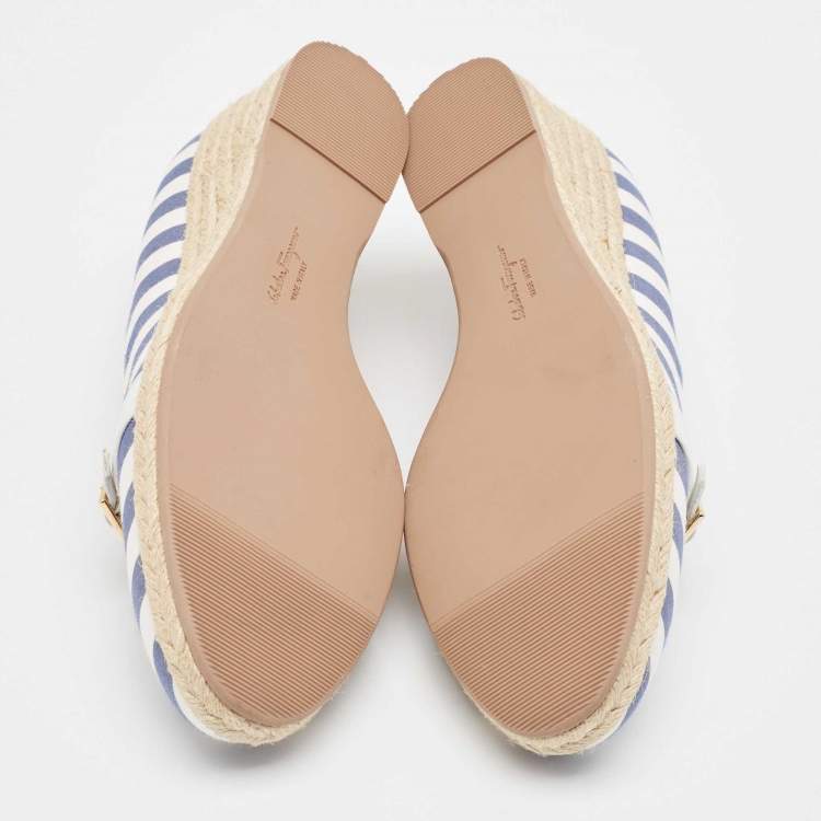 Pre Owned Salvatore Ferragamo Blue/White Striped Fabric Audrey Wedge Espadrille Pumps Size 40