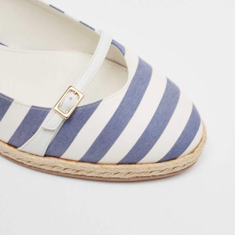 Pre Owned Salvatore Ferragamo Blue/White Striped Fabric Audrey Wedge Espadrille Pumps Size 40