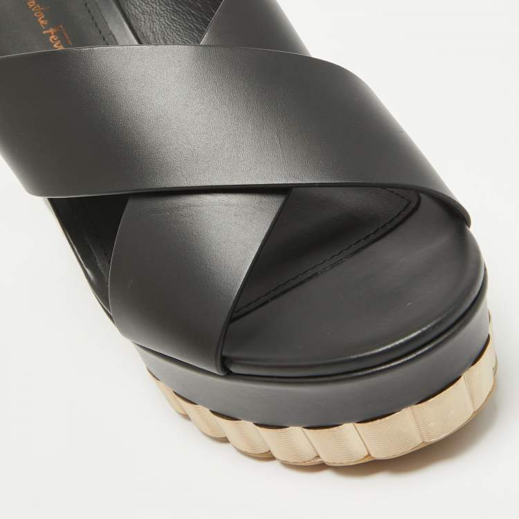 Pre Owned Salvatore Ferragamo Black Leather Nicosia Wedge Sandals Size 39.5