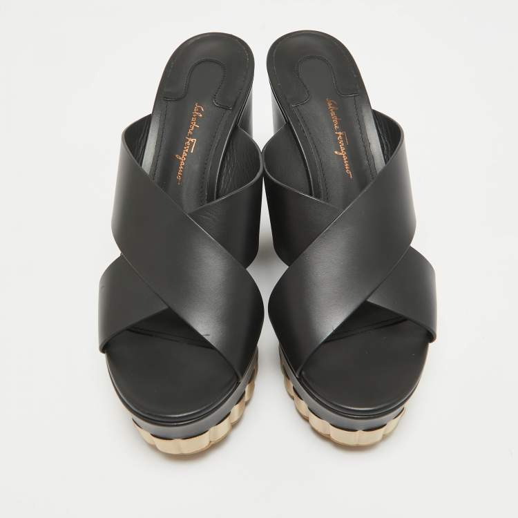 Pre Owned Salvatore Ferragamo Black Leather Nicosia Wedge Sandals Size 39.5