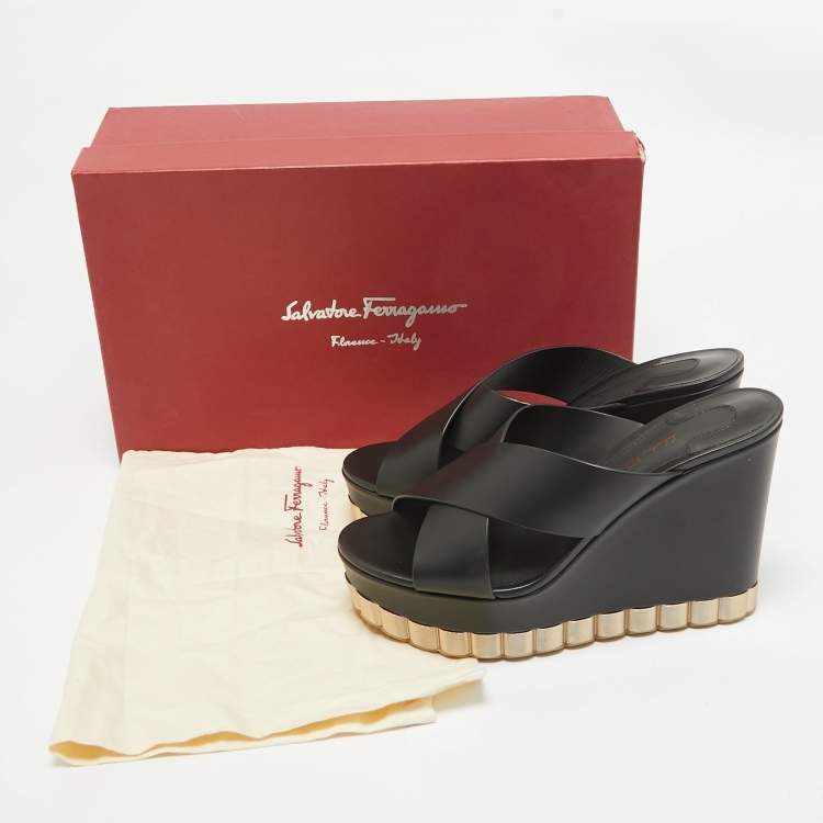 Pre Owned Salvatore Ferragamo Black Leather Nicosia Wedge Sandals Size 39.5