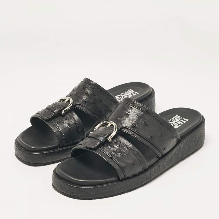 Pre Owned Salvatore Ferragamo Black Ostrich Leather Lufti Flat Sandals Size 41