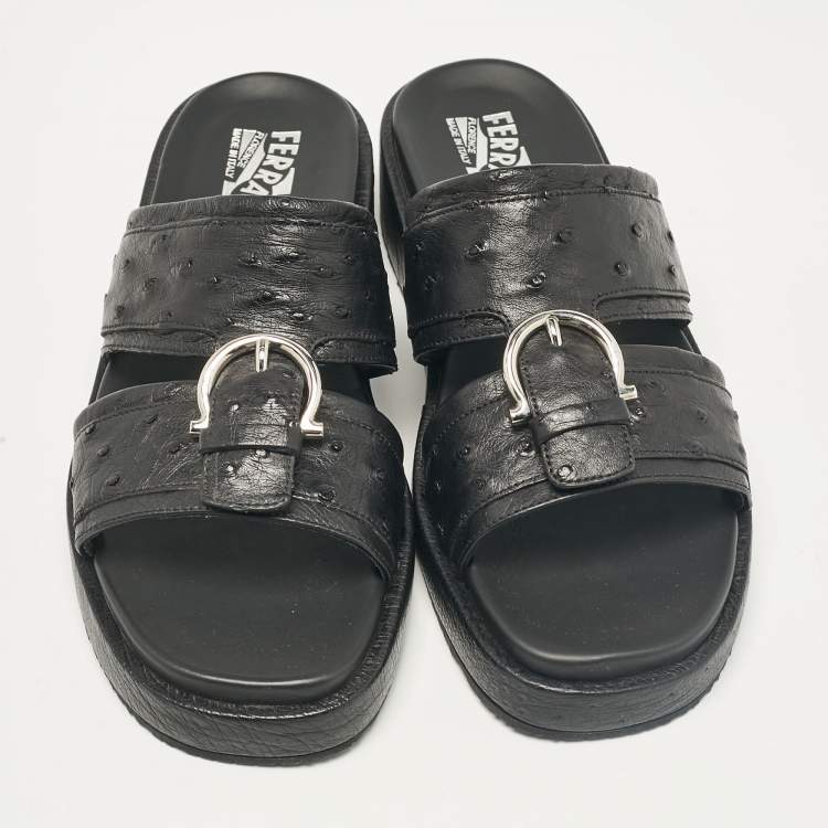 Pre Owned Salvatore Ferragamo Black Ostrich Leather Lufti Flat Sandals Size 41