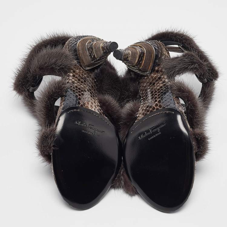 Pre Owned Salvatore Ferragamo Grey Fur Python Leather Ankle Strap Sandals 36.5