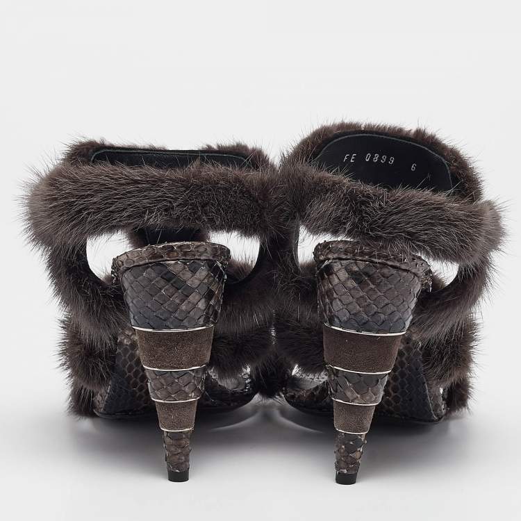 Pre Owned Salvatore Ferragamo Grey Fur Python Leather Ankle Strap Sandals 36.5