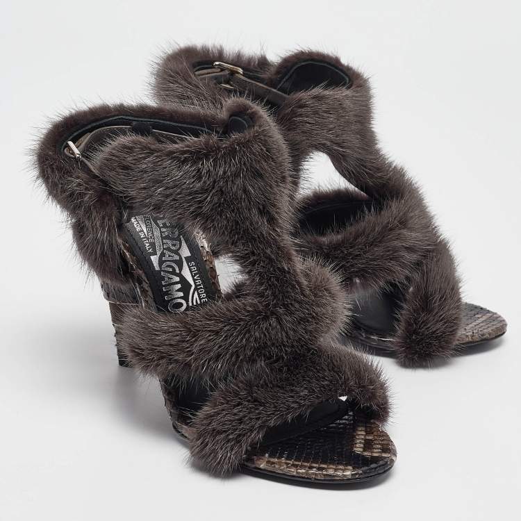 Pre Owned Salvatore Ferragamo Grey Fur Python Leather Ankle Strap Sandals 36.5