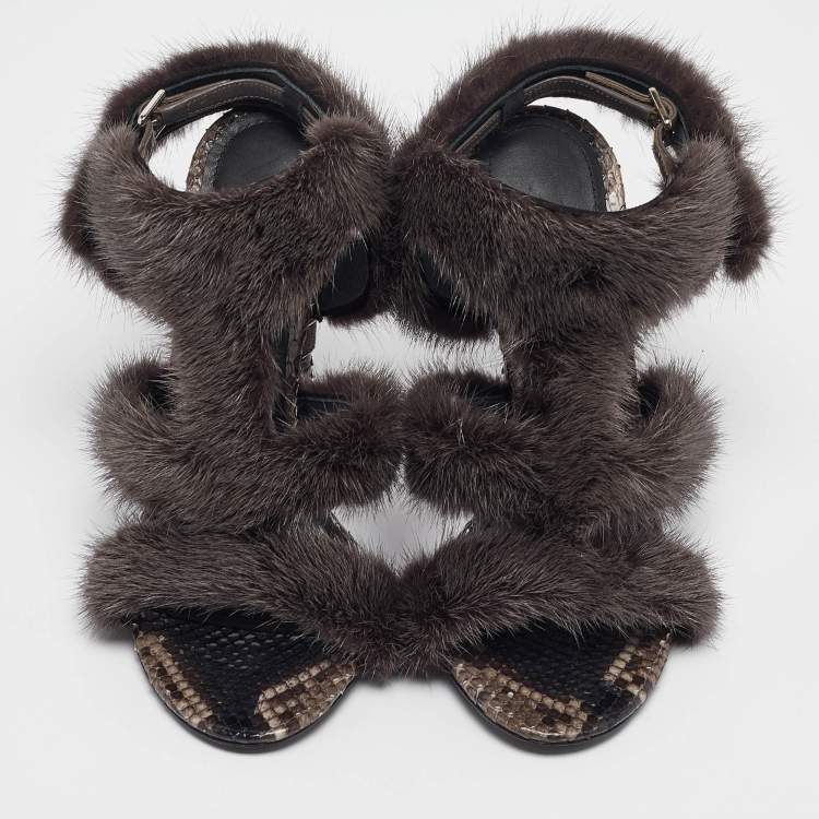 Pre Owned Salvatore Ferragamo Grey Fur Python Leather Ankle Strap Sandals 36.5