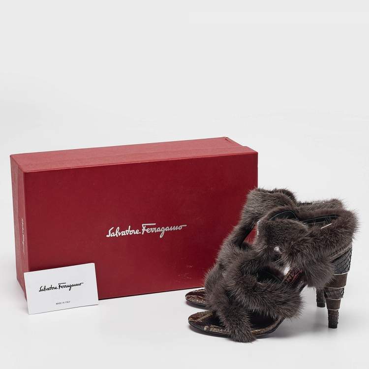 Pre Owned Salvatore Ferragamo Grey Fur Python Leather Ankle Strap Sandals 36.5