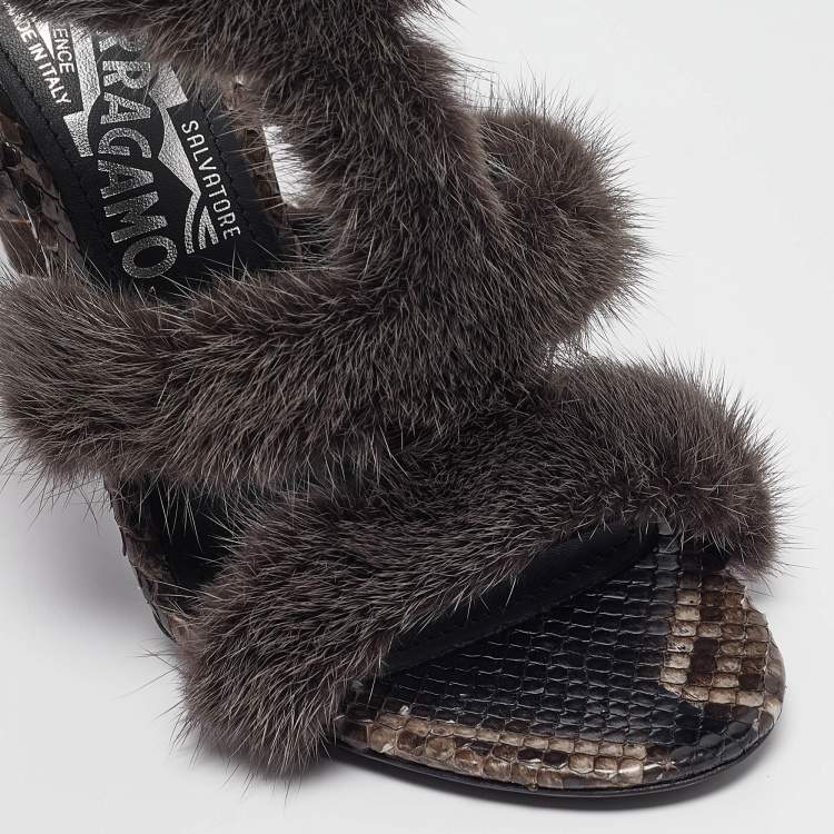 Pre Owned Salvatore Ferragamo Grey Fur Python Leather Ankle Strap Sandals 36.5
