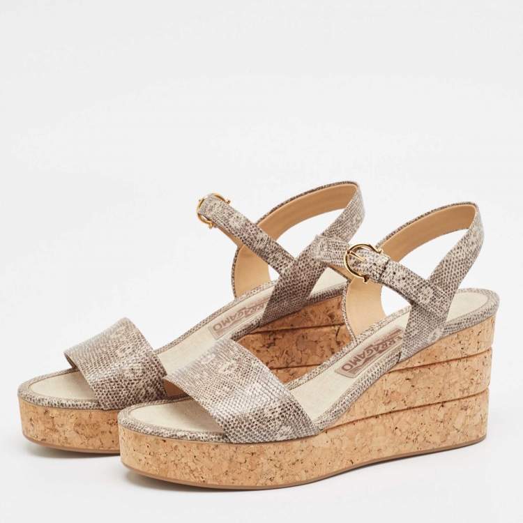 Pre Owned Salvatore Ferragamo Brown Lizard Embossed Leather Madea Wedge Sandals Size 39.5