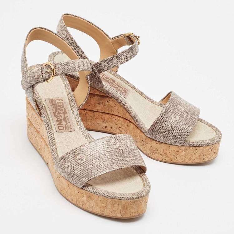 Pre Owned Salvatore Ferragamo Brown Lizard Embossed Leather Madea Wedge Sandals Size 39.5