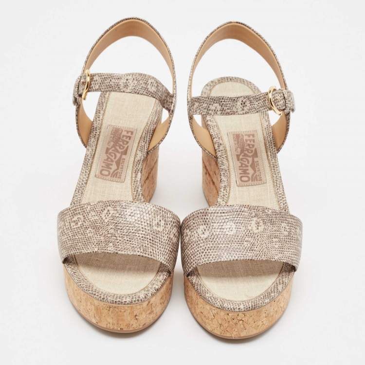 Pre Owned Salvatore Ferragamo Brown Lizard Embossed Leather Madea Wedge Sandals Size 39.5