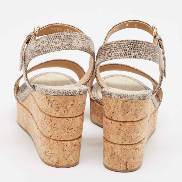 Pre Owned Salvatore Ferragamo Brown Lizard Embossed Leather Madea Wedge Sandals Size 39.5