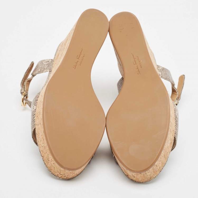 Pre Owned Salvatore Ferragamo Brown Lizard Embossed Leather Madea Wedge Sandals Size 39.5
