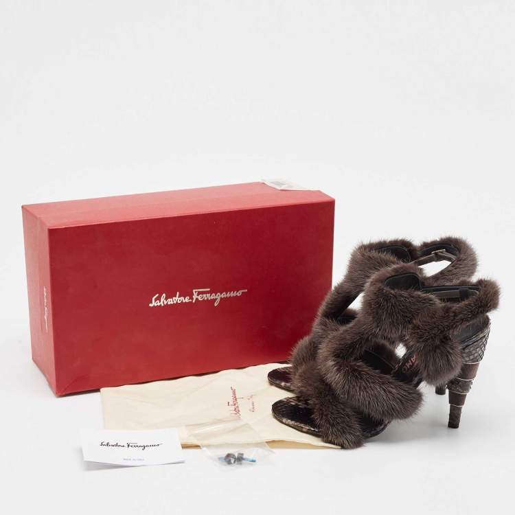 Pre Owned Salvatore Ferragamo Brown Fur and Python Leather Ankle Strap Sandals 38.5