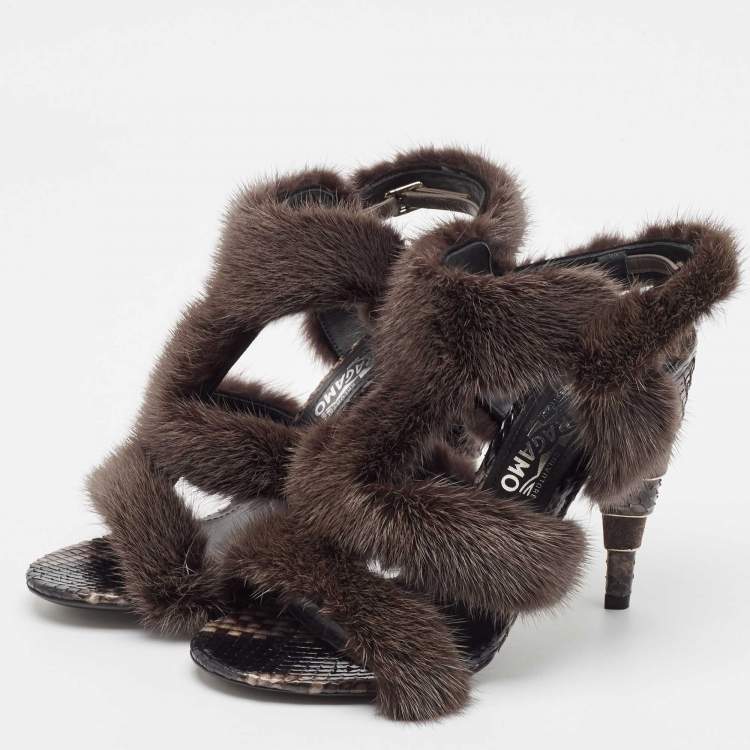 Pre Owned Salvatore Ferragamo Brown Fur and Python Leather Ankle Strap Sandals 38.5