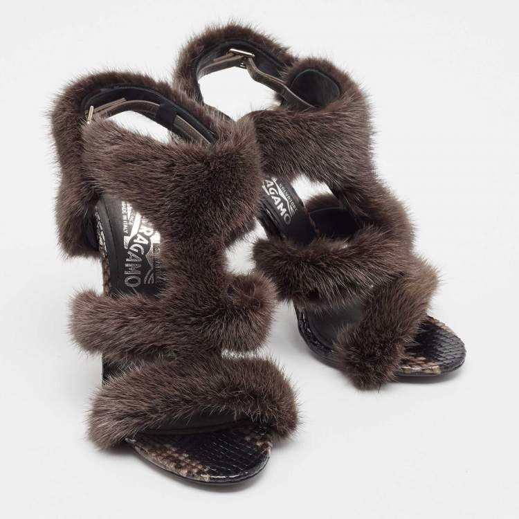 Pre Owned Salvatore Ferragamo Brown Fur and Python Leather Ankle Strap Sandals 38.5