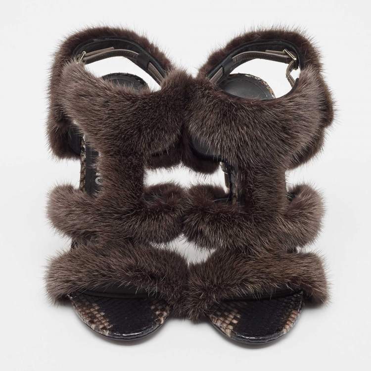 Pre Owned Salvatore Ferragamo Brown Fur and Python Leather Ankle Strap Sandals 38.5