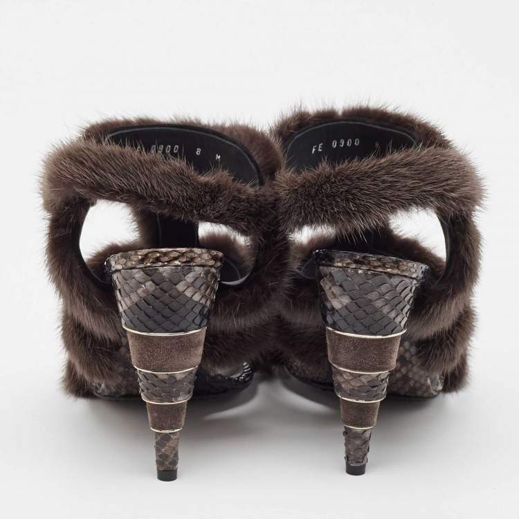 Pre Owned Salvatore Ferragamo Brown Fur and Python Leather Ankle Strap Sandals 38.5