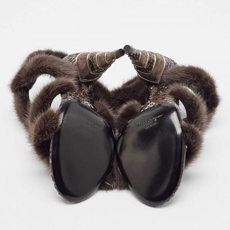 Pre Owned Salvatore Ferragamo Brown Fur and Python Leather Ankle Strap Sandals 38.5