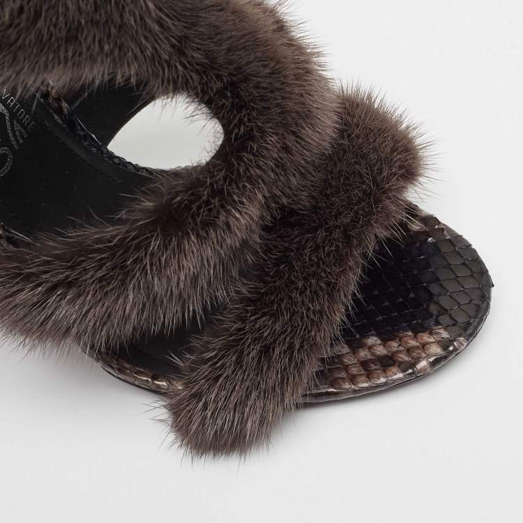 Pre Owned Salvatore Ferragamo Brown Fur and Python Leather Ankle Strap Sandals 38.5