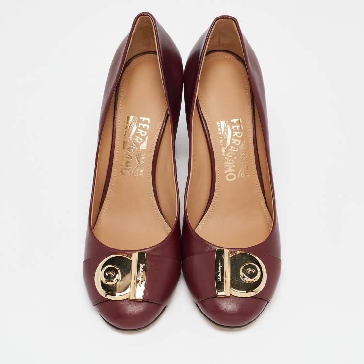 Pre Owned Salvatore Ferragamo Burgundy Leather Fiamma Pumps Size 40.5