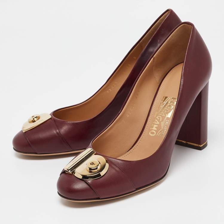 Pre Owned Salvatore Ferragamo Burgundy Leather Fiamma Pumps Size 40.5