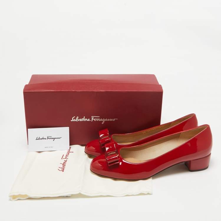 Pre Owned Salvatore Ferragamo Red Patent Leather Vara Bow Pumps Size 39