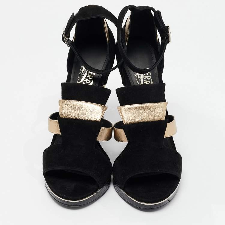 Pre Owned Salvatore Ferragamo Black Leather and Python Leather Lexus Ankle Strap Sandals Size 39