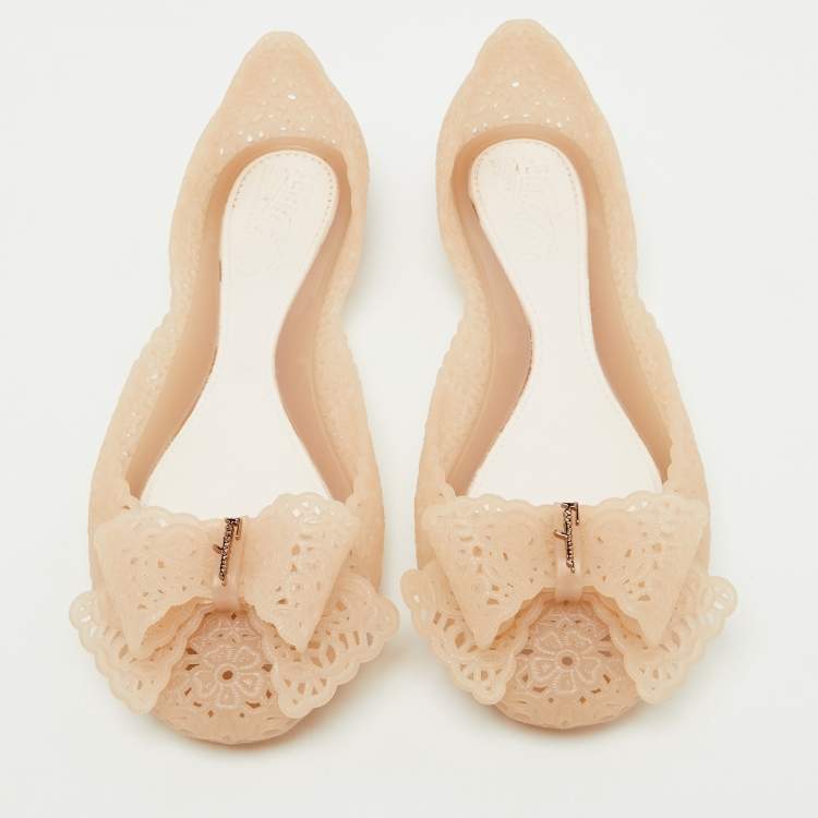 Pre Owned Salvatore Ferragamo Beige Nilly Jelly Bow Ballet Flats Size 37.5
